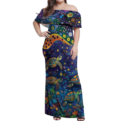 Underwater Turtles Starry Night Sky Off Shoulder Maxi Dress Aboriginal Dot Painting Full Moon Coral Landscape