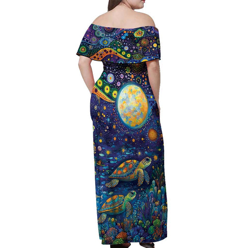 Underwater Turtles Starry Night Sky Off Shoulder Maxi Dress Aboriginal Dot Painting Full Moon Coral Landscape