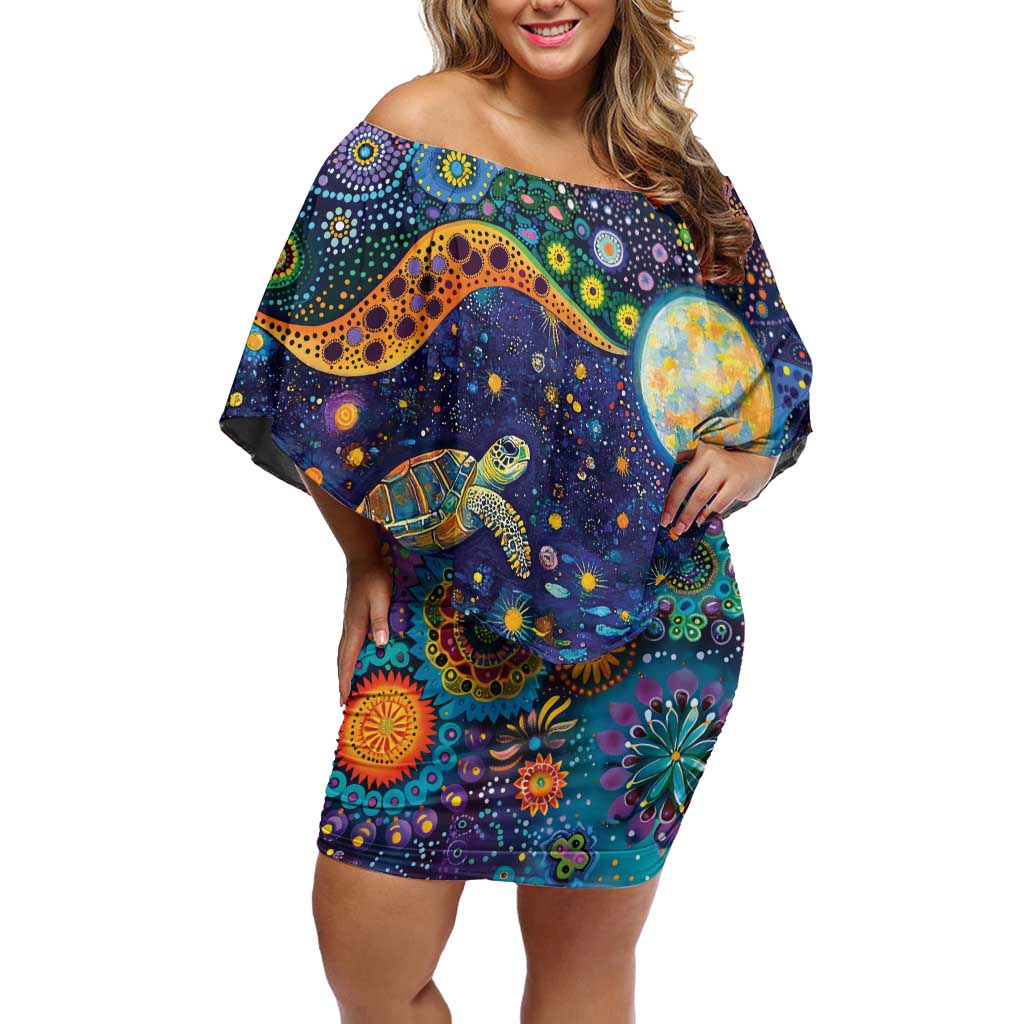 Underwater Turtles Starry Night Sky Off Shoulder Short Dress Aboriginal Dot Painting Full Moon Coral Landscape