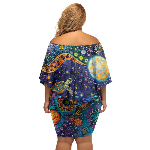 Underwater Turtles Starry Night Sky Off Shoulder Short Dress Aboriginal Dot Painting Full Moon Coral Landscape