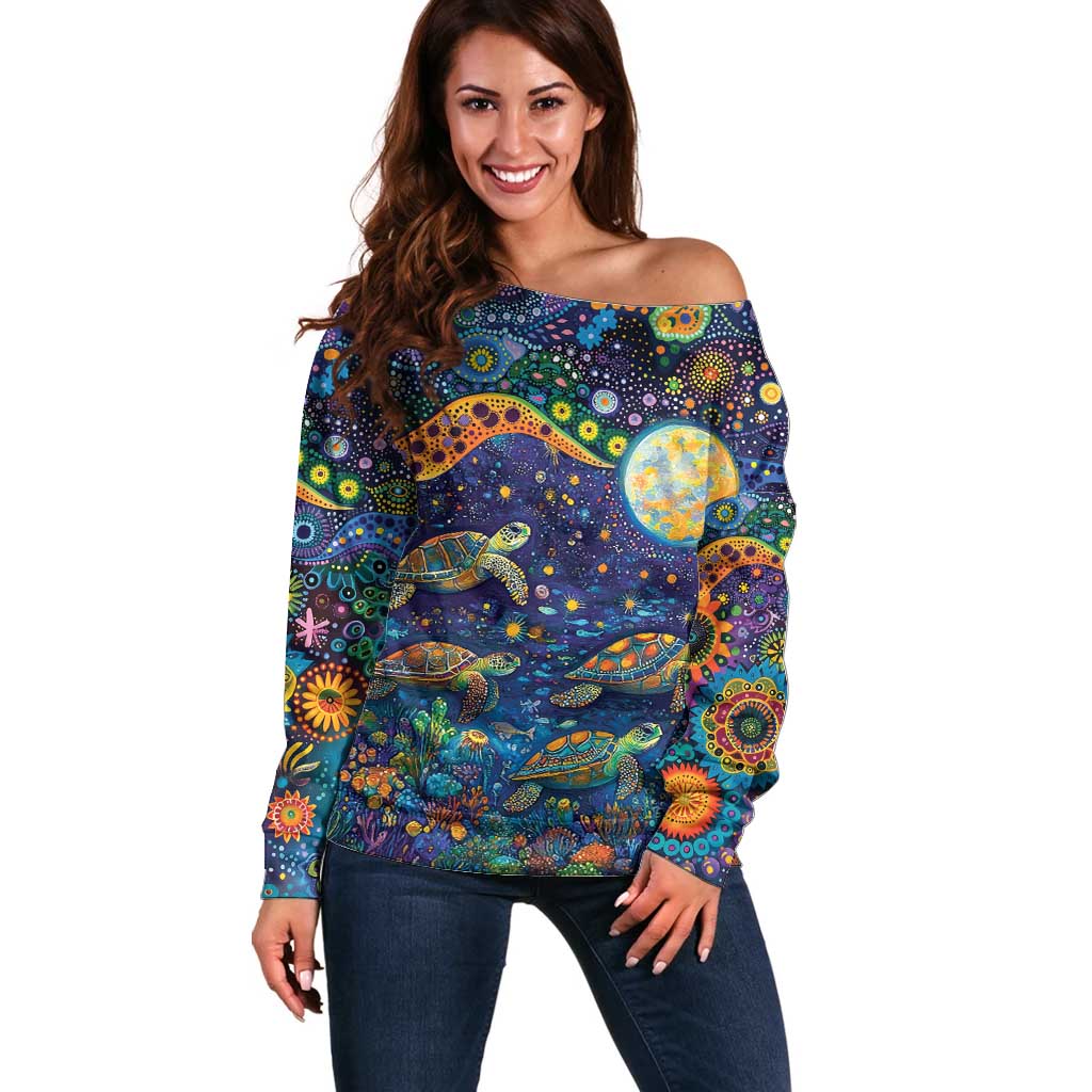 Underwater Turtles Starry Night Sky Off Shoulder Sweater Aboriginal Dot Painting Full Moon Coral Landscape