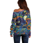 Underwater Turtles Starry Night Sky Off Shoulder Sweater Aboriginal Dot Painting Full Moon Coral Landscape