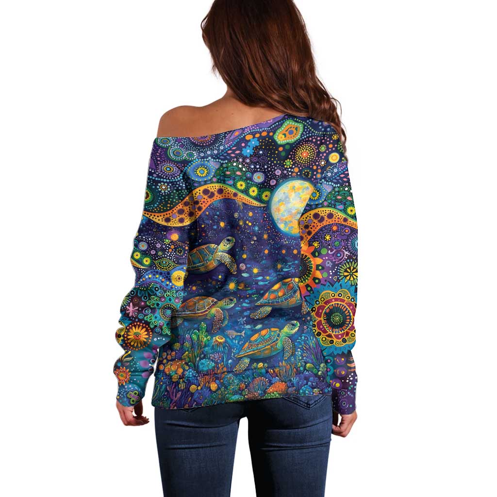 Underwater Turtles Starry Night Sky Off Shoulder Sweater Aboriginal Dot Painting Full Moon Coral Landscape