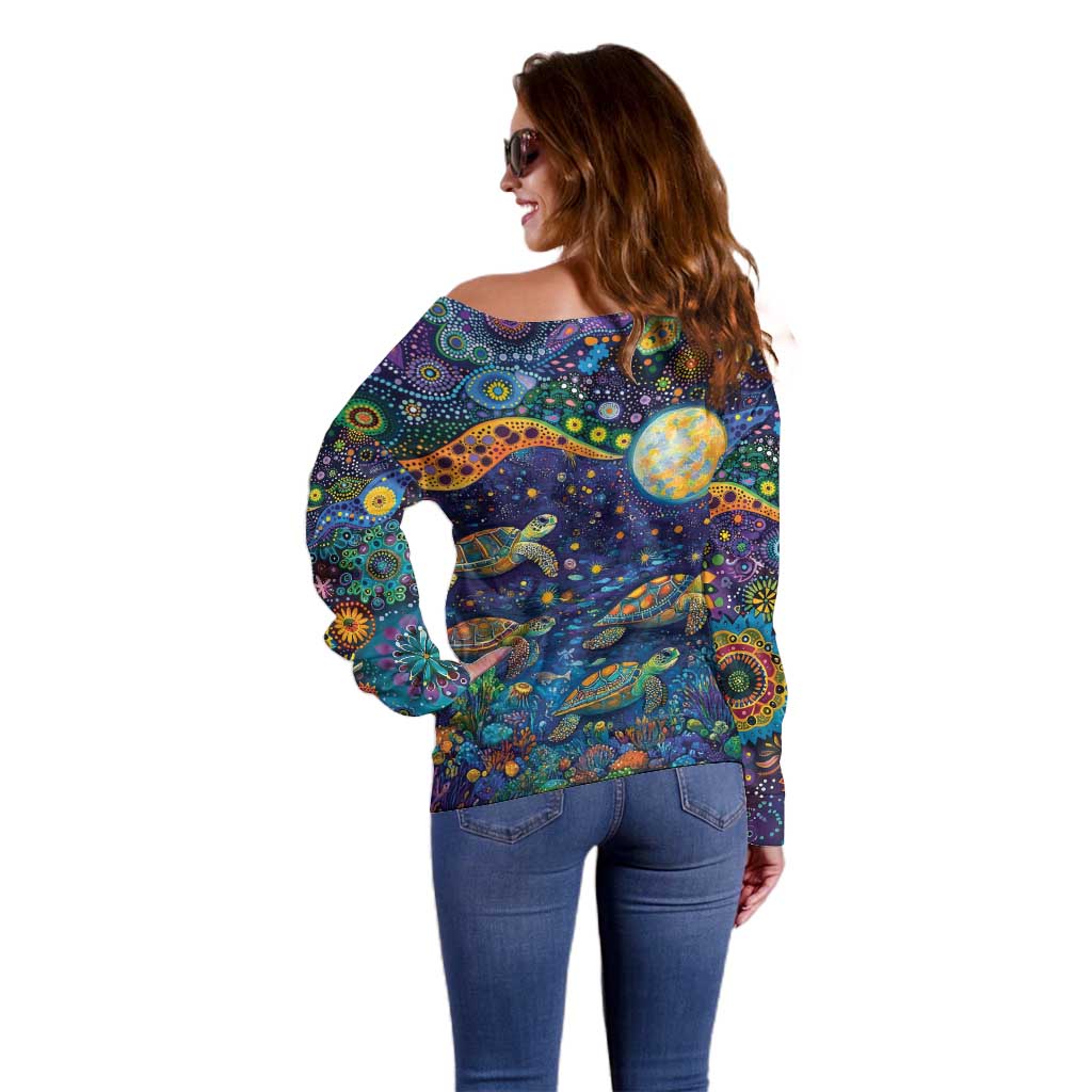 Underwater Turtles Starry Night Sky Off Shoulder Sweater Aboriginal Dot Painting Full Moon Coral Landscape
