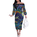Underwater Turtles Starry Night Sky Off The Shoulder Long Sleeve Dress Aboriginal Dot Painting Full Moon Coral Landscape