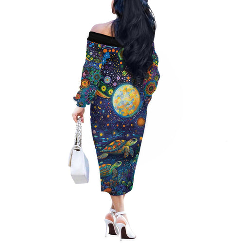 Underwater Turtles Starry Night Sky Off The Shoulder Long Sleeve Dress Aboriginal Dot Painting Full Moon Coral Landscape
