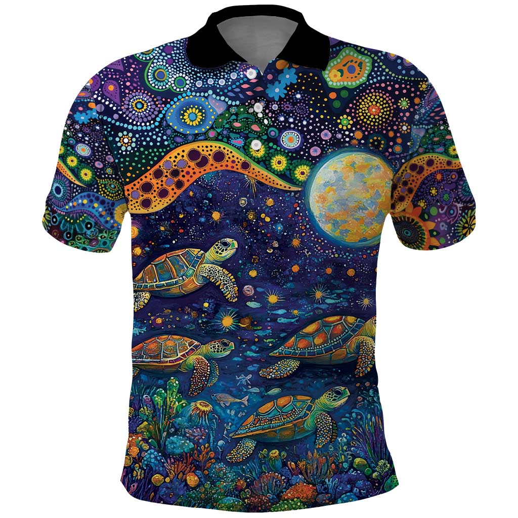 Underwater Turtles Starry Night Sky Polo Shirt Aboriginal Dot Painting Full Moon Coral Landscape