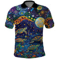 Underwater Turtles Starry Night Sky Polo Shirt Aboriginal Dot Painting Full Moon Coral Landscape