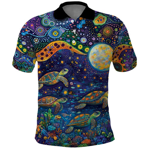 Underwater Turtles Starry Night Sky Polo Shirt Aboriginal Dot Painting Full Moon Coral Landscape