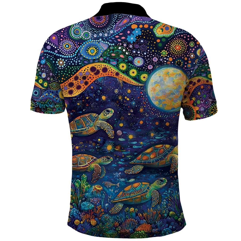 Underwater Turtles Starry Night Sky Polo Shirt Aboriginal Dot Painting Full Moon Coral Landscape