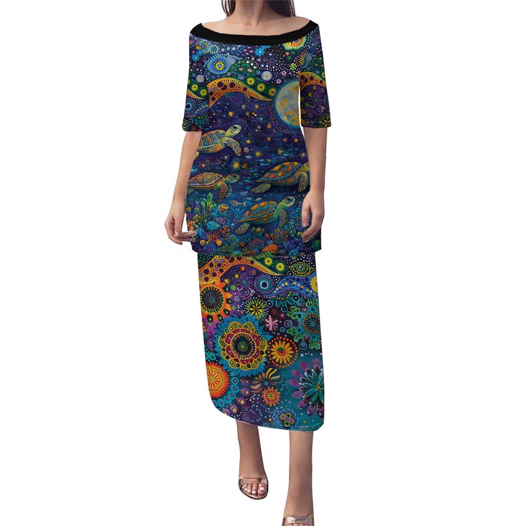 Underwater Turtles Starry Night Sky Puletasi Aboriginal Dot Painting Full Moon Coral Landscape