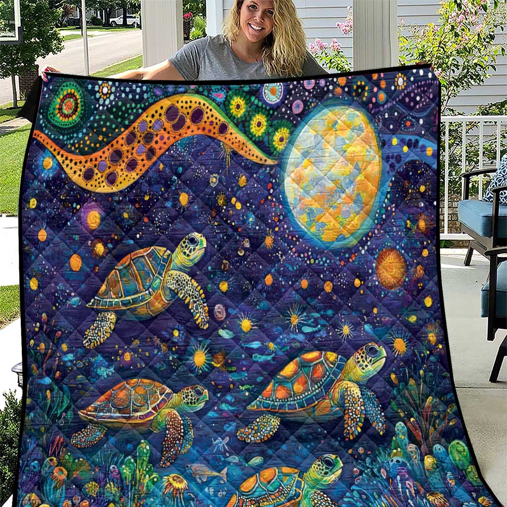 Underwater Turtles Starry Night Sky Quilt Aboriginal Dot Painting Full Moon Coral Landscape