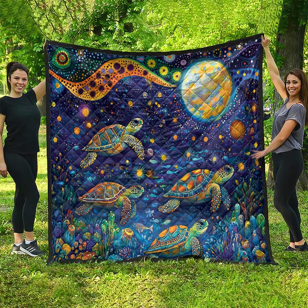 Underwater Turtles Starry Night Sky Quilt Aboriginal Dot Painting Full Moon Coral Landscape