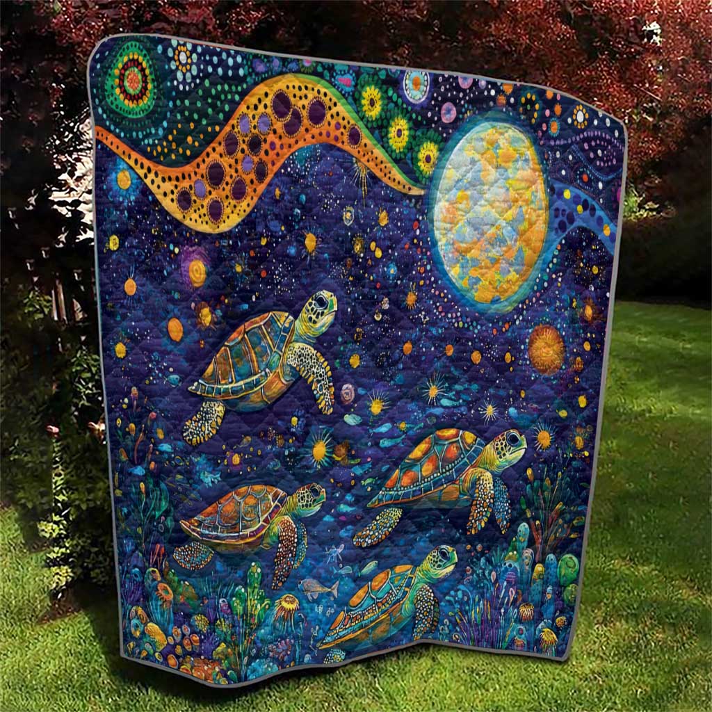 Underwater Turtles Starry Night Sky Quilt Aboriginal Dot Painting Full Moon Coral Landscape