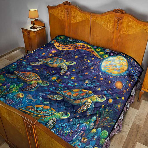 Underwater Turtles Starry Night Sky Quilt Aboriginal Dot Painting Full Moon Coral Landscape