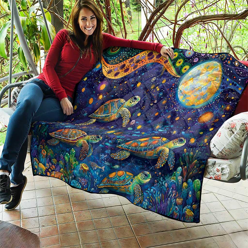 Underwater Turtles Starry Night Sky Quilt Aboriginal Dot Painting Full Moon Coral Landscape