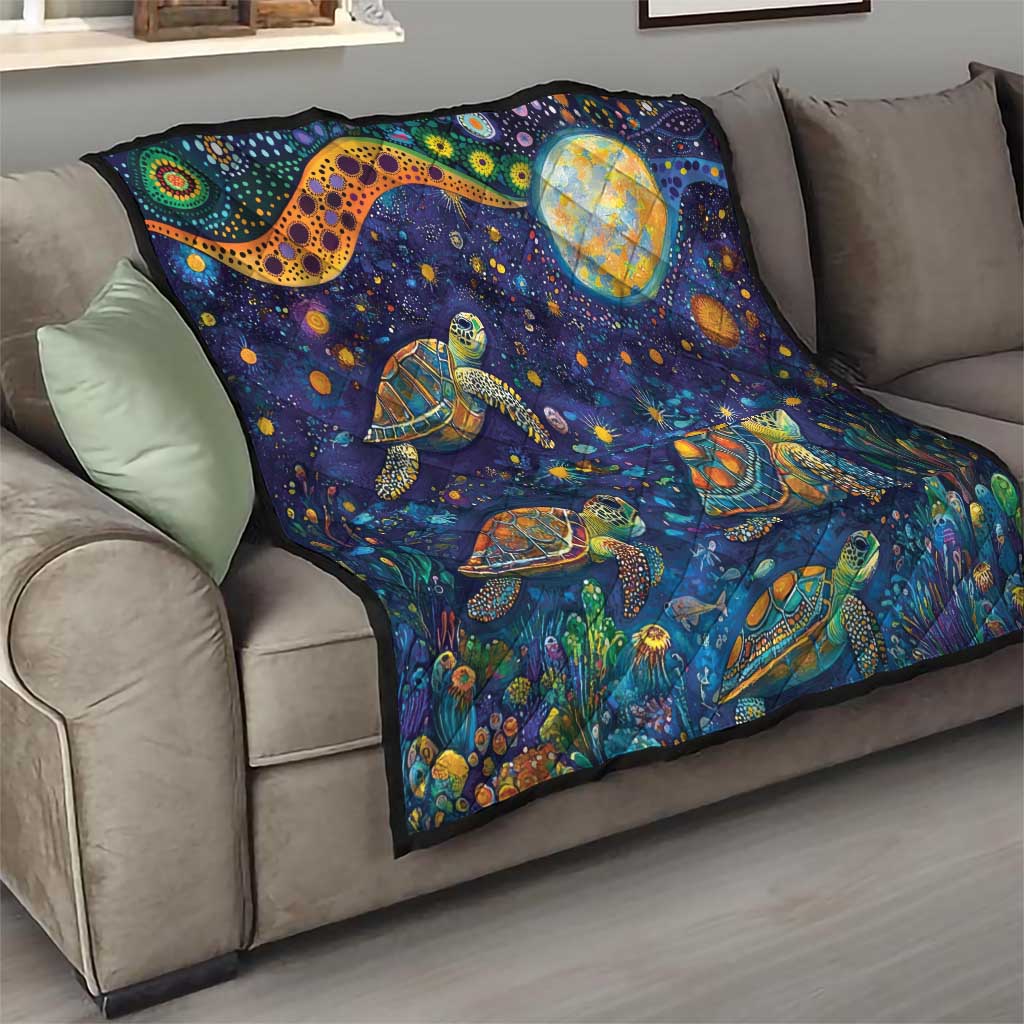 Underwater Turtles Starry Night Sky Quilt Aboriginal Dot Painting Full Moon Coral Landscape
