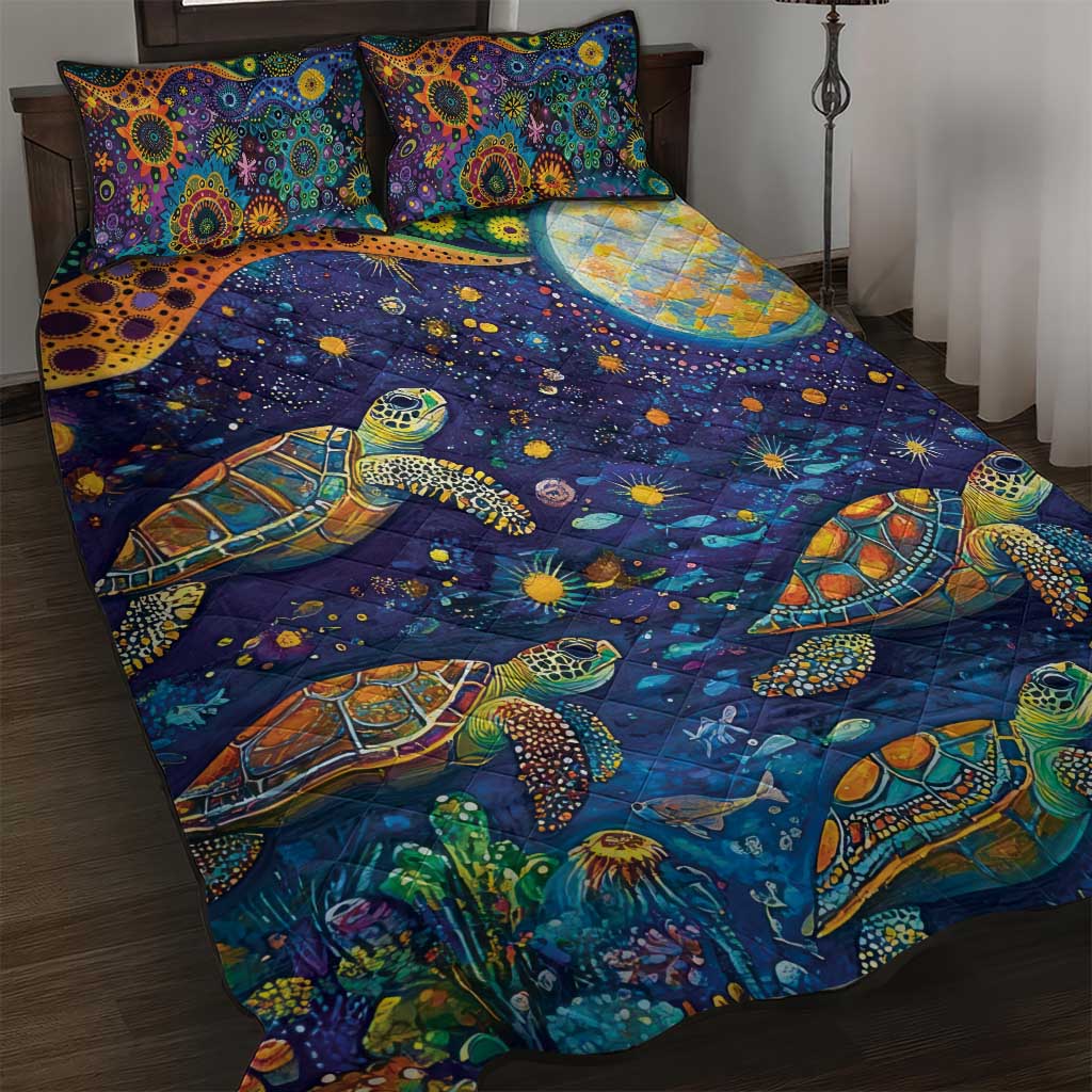 Underwater Turtles Starry Night Sky Quilt Bed Set Aboriginal Dot Painting Full Moon Coral Landscape