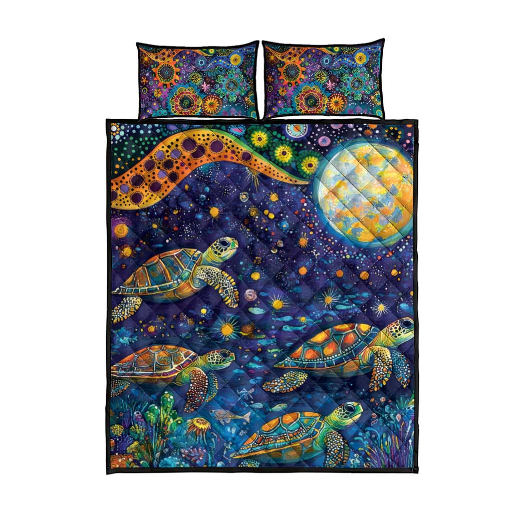 Underwater Turtles Starry Night Sky Quilt Bed Set Aboriginal Dot Painting Full Moon Coral Landscape