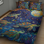 Underwater Turtles Starry Night Sky Quilt Bed Set Aboriginal Dot Painting Full Moon Coral Landscape