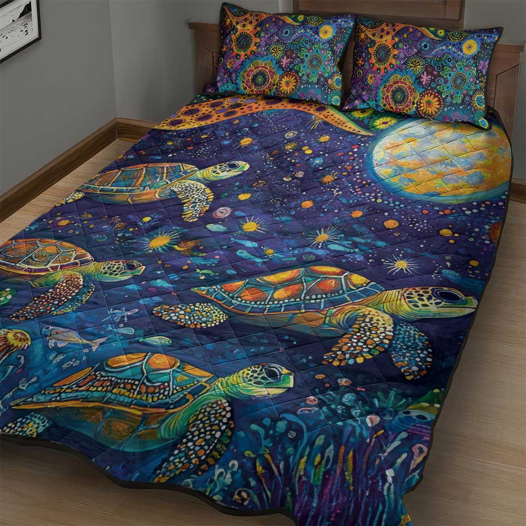 Underwater Turtles Starry Night Sky Quilt Bed Set Aboriginal Dot Painting Full Moon Coral Landscape