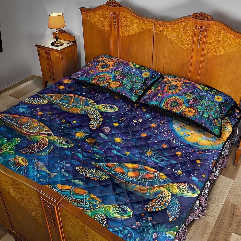 Underwater Turtles Starry Night Sky Quilt Bed Set Aboriginal Dot Painting Full Moon Coral Landscape