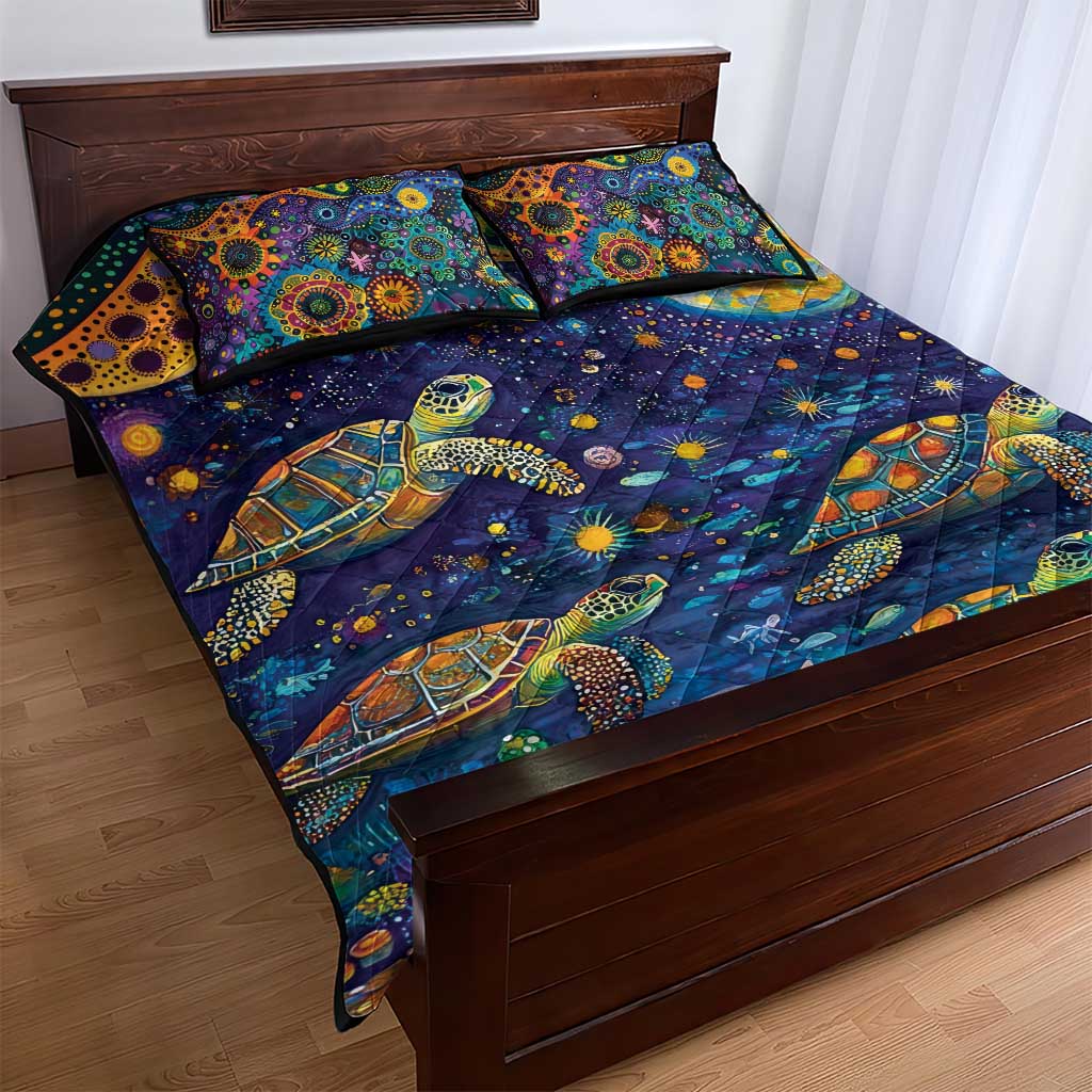 Underwater Turtles Starry Night Sky Quilt Bed Set Aboriginal Dot Painting Full Moon Coral Landscape