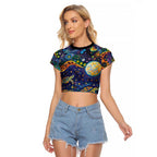 Underwater Turtles Starry Night Sky Raglan Cropped T Shirt Aboriginal Dot Painting Full Moon Coral Landscape