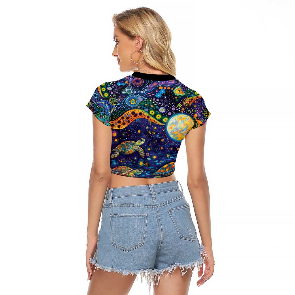 Underwater Turtles Starry Night Sky Raglan Cropped T Shirt Aboriginal Dot Painting Full Moon Coral Landscape