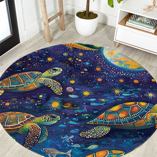 Underwater Turtles Starry Night Sky Round Carpet Aboriginal Dot Painting Full Moon Coral Landscape