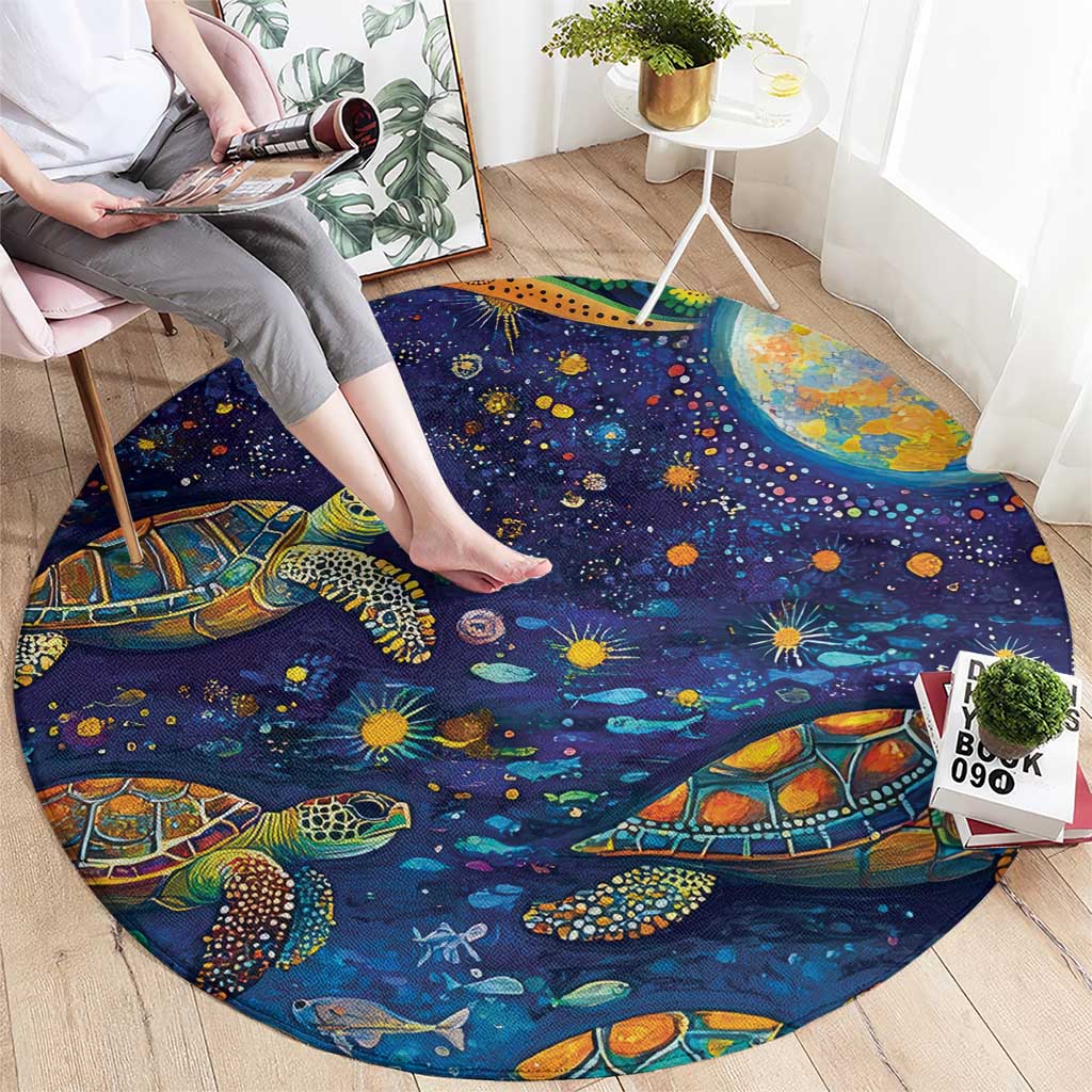Underwater Turtles Starry Night Sky Round Carpet Aboriginal Dot Painting Full Moon Coral Landscape