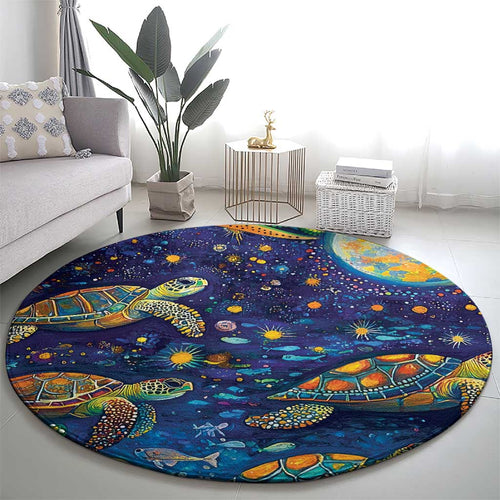 Underwater Turtles Starry Night Sky Round Carpet Aboriginal Dot Painting Full Moon Coral Landscape