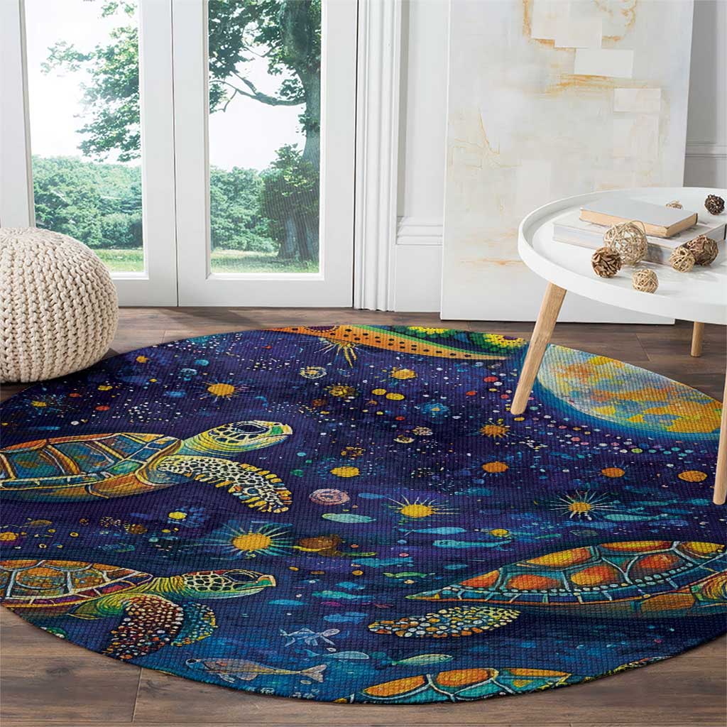 Underwater Turtles Starry Night Sky Round Carpet Aboriginal Dot Painting Full Moon Coral Landscape