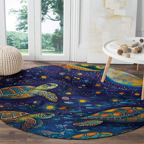 Underwater Turtles Starry Night Sky Round Carpet Aboriginal Dot Painting Full Moon Coral Landscape