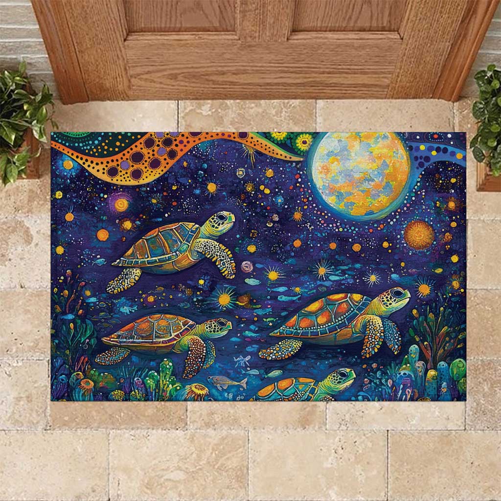 Underwater Turtles Starry Night Sky Rubber Doormat Aboriginal Dot Painting Full Moon Coral Landscape