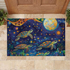 Underwater Turtles Starry Night Sky Rubber Doormat Aboriginal Dot Painting Full Moon Coral Landscape