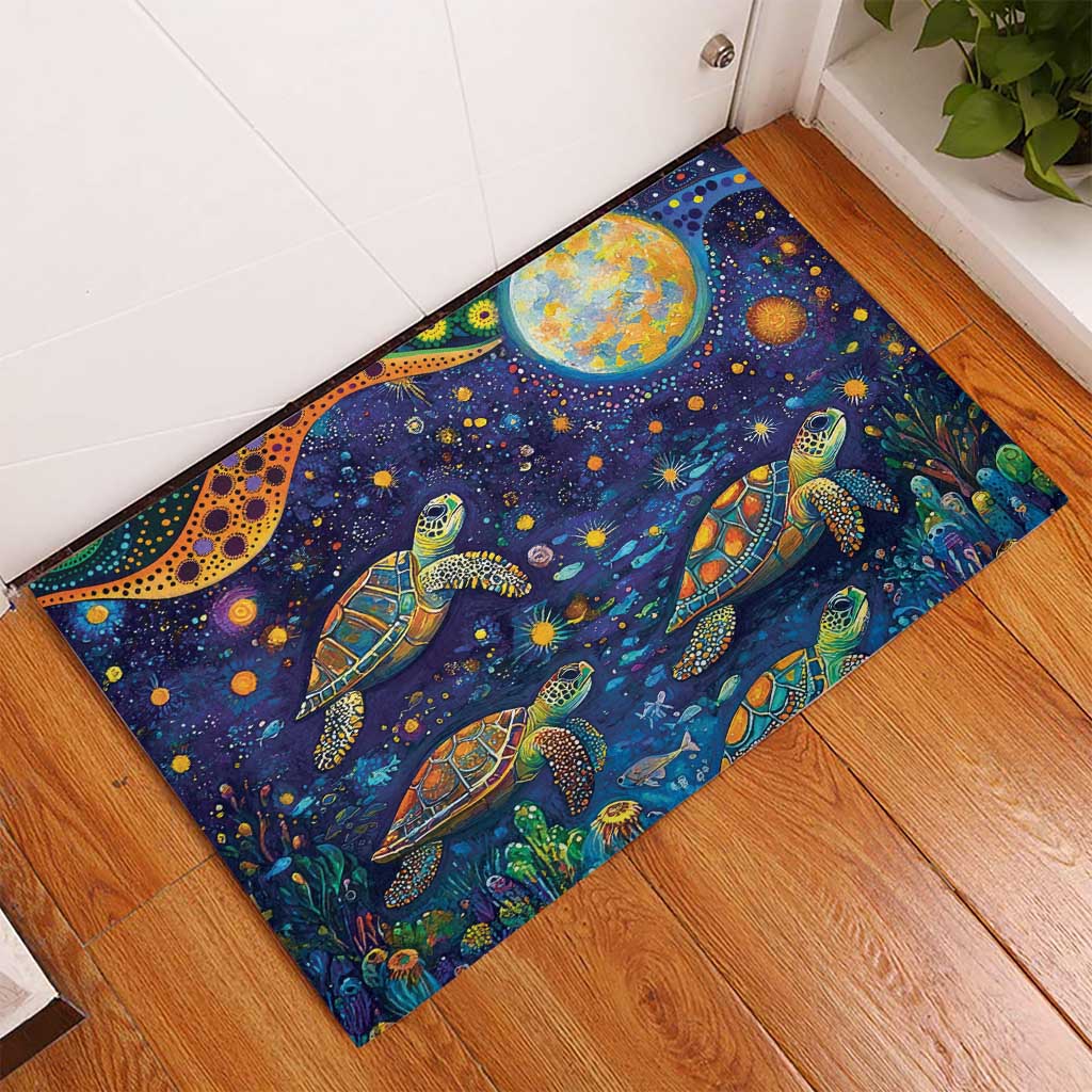 Underwater Turtles Starry Night Sky Rubber Doormat Aboriginal Dot Painting Full Moon Coral Landscape