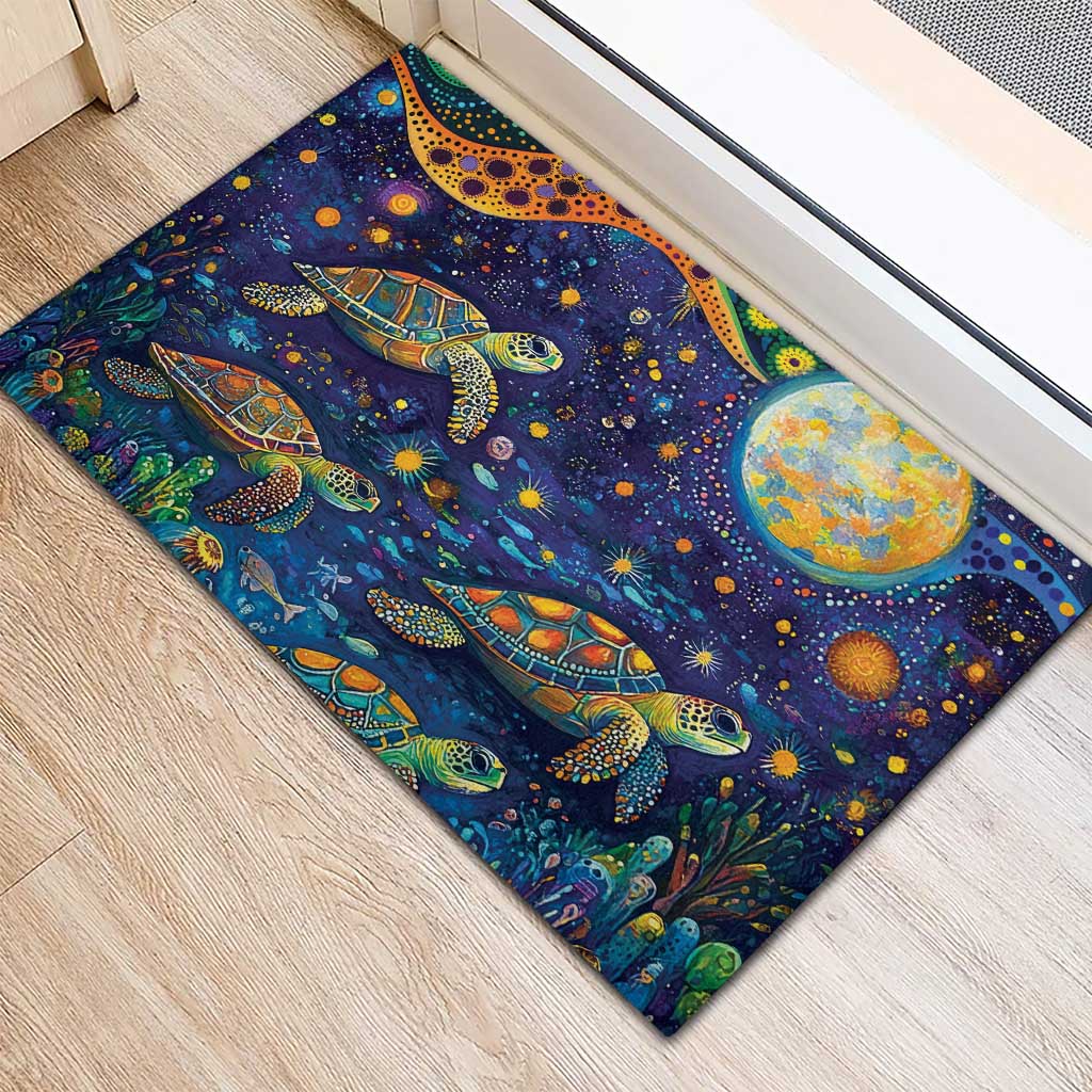 Underwater Turtles Starry Night Sky Rubber Doormat Aboriginal Dot Painting Full Moon Coral Landscape
