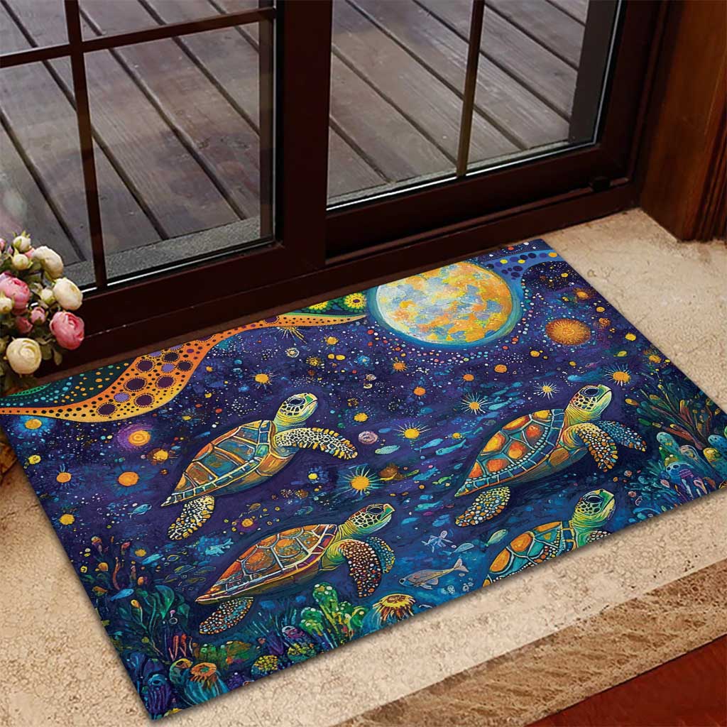 Underwater Turtles Starry Night Sky Rubber Doormat Aboriginal Dot Painting Full Moon Coral Landscape