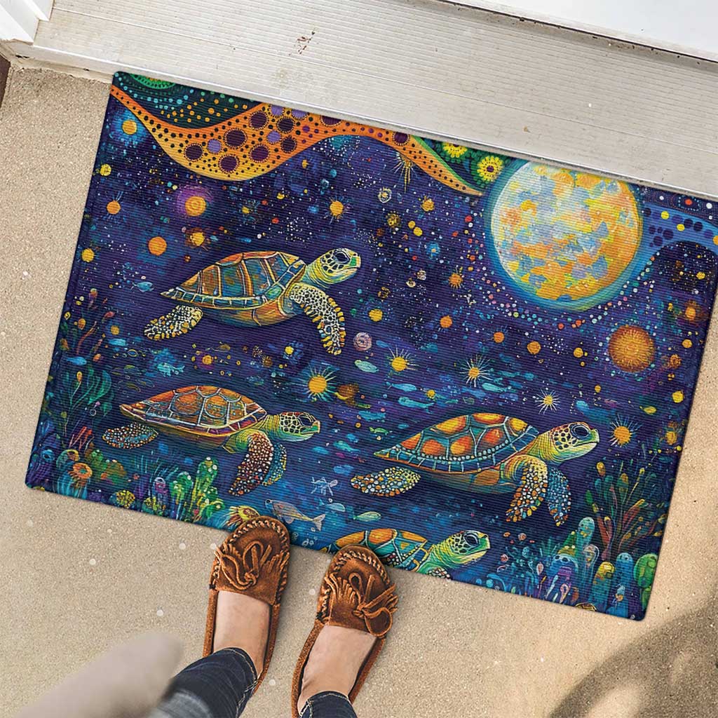 Underwater Turtles Starry Night Sky Rubber Doormat Aboriginal Dot Painting Full Moon Coral Landscape