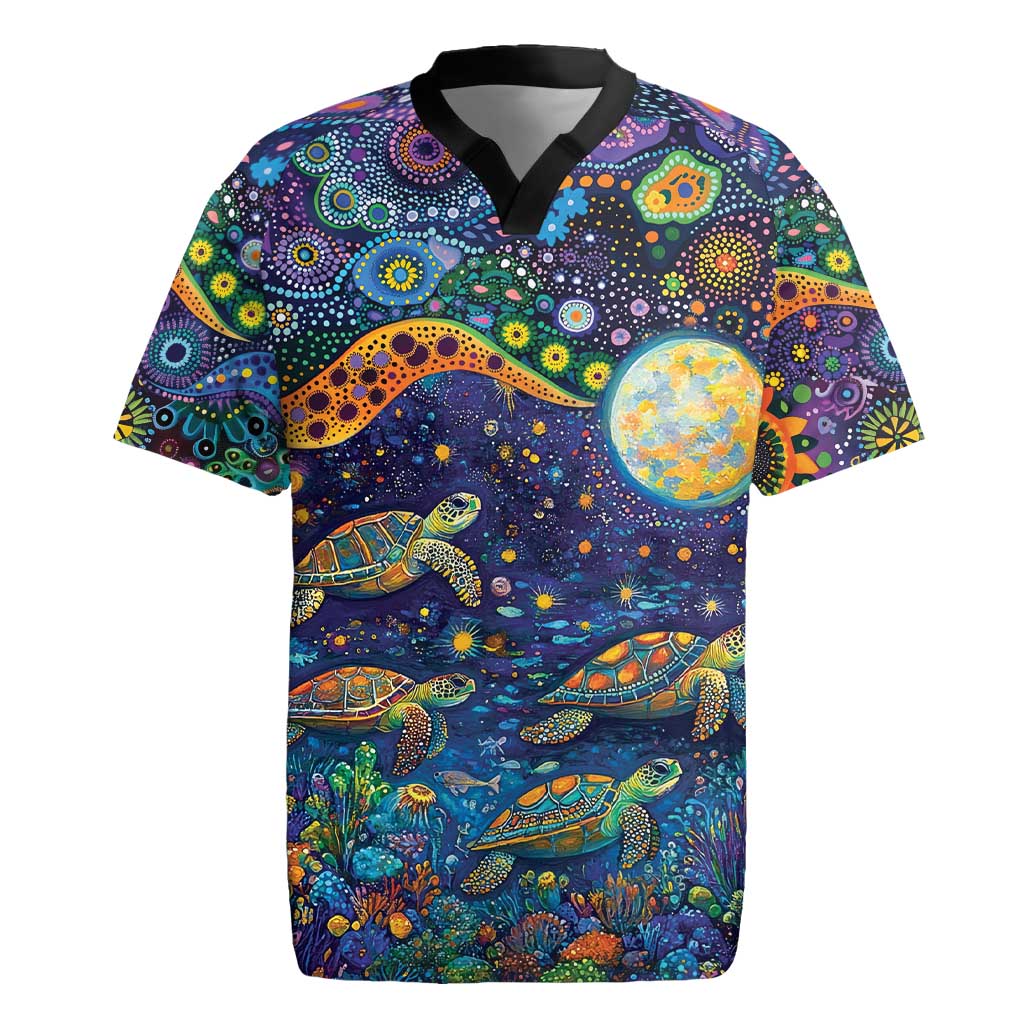 Underwater Turtles Starry Night Sky Rugby Jersey Aboriginal Dot Painting Full Moon Coral Landscape