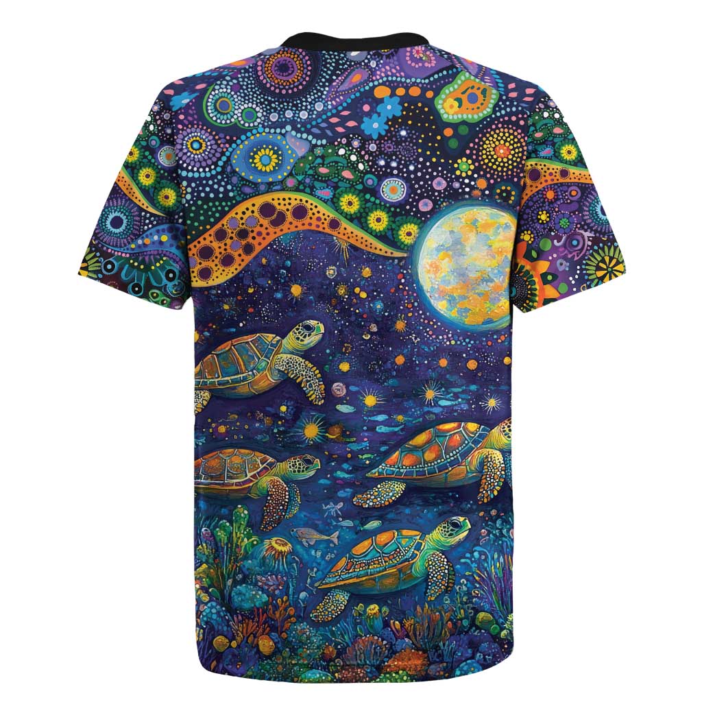 Underwater Turtles Starry Night Sky Rugby Jersey Aboriginal Dot Painting Full Moon Coral Landscape