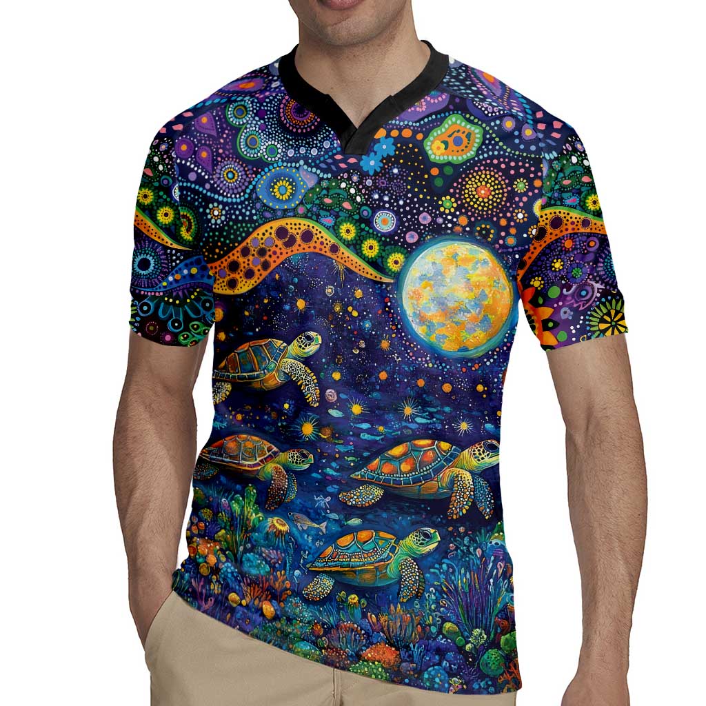Underwater Turtles Starry Night Sky Rugby Jersey Aboriginal Dot Painting Full Moon Coral Landscape