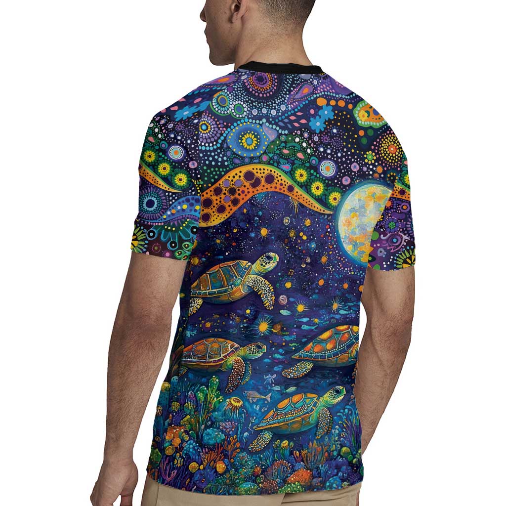 Underwater Turtles Starry Night Sky Rugby Jersey Aboriginal Dot Painting Full Moon Coral Landscape