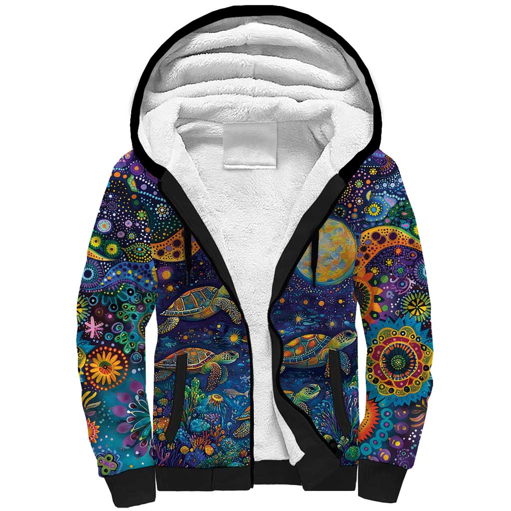 Underwater Turtles Starry Night Sky Sherpa Hoodie Aboriginal Dot Painting Full Moon Coral Landscape