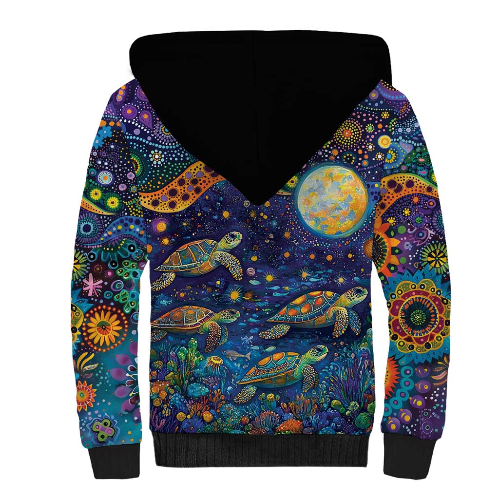 Underwater Turtles Starry Night Sky Sherpa Hoodie Aboriginal Dot Painting Full Moon Coral Landscape