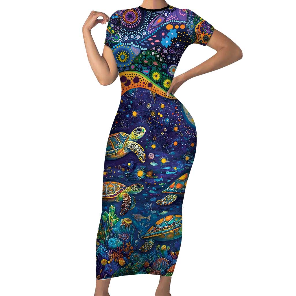 Underwater Turtles Starry Night Sky Short Sleeve Bodycon Dress Aboriginal Dot Painting Full Moon Coral Landscape