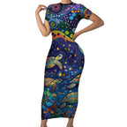 Underwater Turtles Starry Night Sky Short Sleeve Bodycon Dress Aboriginal Dot Painting Full Moon Coral Landscape