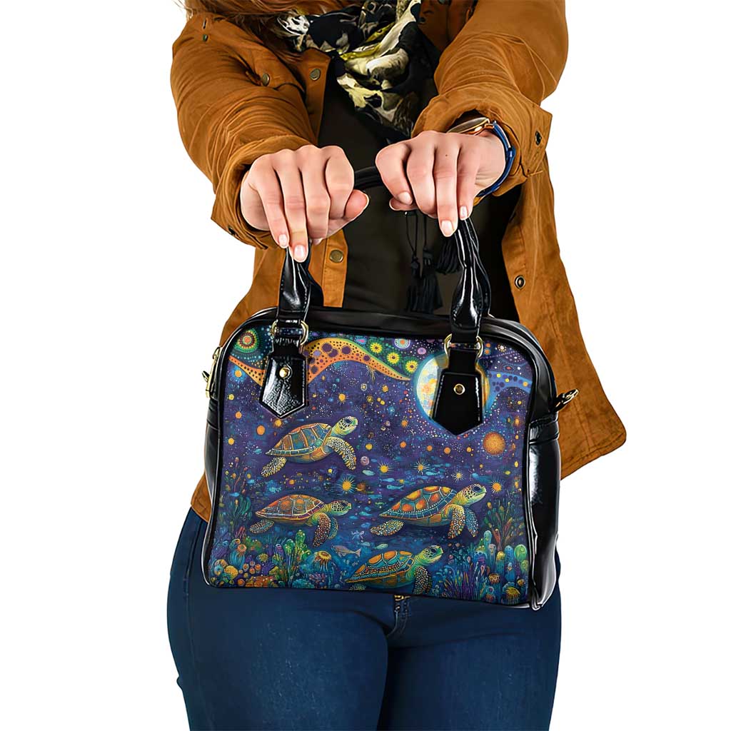 Underwater Turtles Starry Night Sky Shoulder Handbag Aboriginal Dot Painting Full Moon Coral Landscape