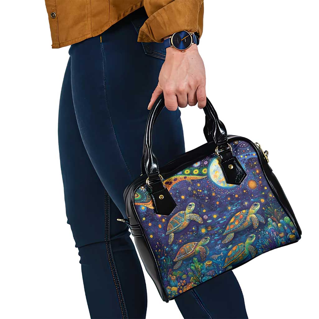 Underwater Turtles Starry Night Sky Shoulder Handbag Aboriginal Dot Painting Full Moon Coral Landscape